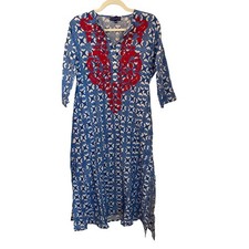 Ros Garden XS Oversized Kurta Midi Dress Blue White Block Print Red Embroidered