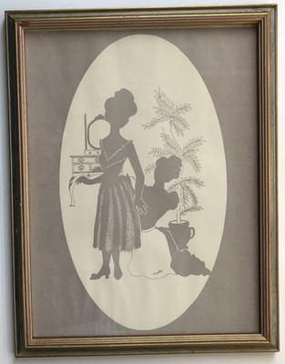 Vtg Mid-Century Mirella Silhouette Dressing Room Print Framed 12x15 1/2 Glass