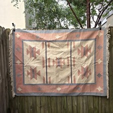 Vintage Aztec Rug Wool Pink Blue Southwestern Navajo Fringe Hand Woven 70x50"