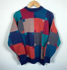 Bachrach Wool Patchwork Pattern Sweater Men's Large Hand Loomed Preppy 90s