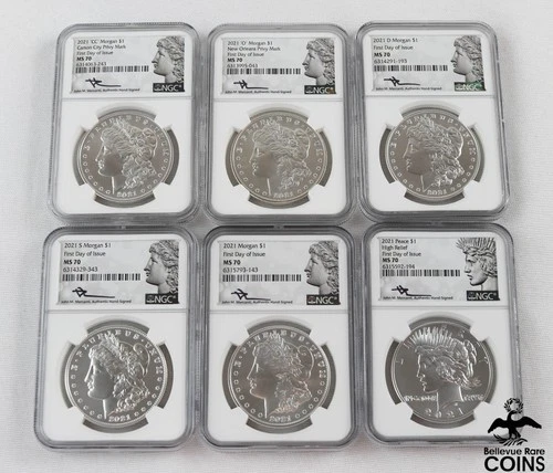 Set of 6: 2021 USA Morgan & Peace Silver Dollar Coins NGC MS70 Mercanti Signed