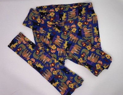 Lularoe OS Leggings Artistically designed animals and birds; blue bkgnd LL 120