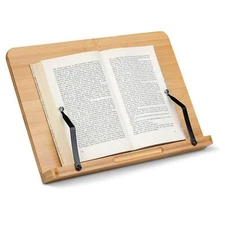 Bamboo Book Stand - Hands-Free Reading Recipe Cookbook Tablet Holder with 2 A...