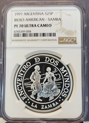 1997 ARGENTINA SILVER 25 PESOS DANCE LA ZAMBA NGC PF 70 ULTRA CAMEO RARE POP 1