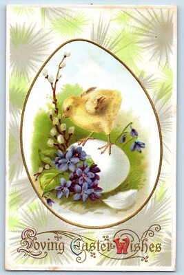 Easter Postcard Little Chick Hatched Egg Flowers Pipe Berry Embossed c1910's