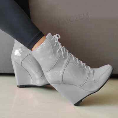 Women Ankle Boots Wedges Round Toe Lace Up Shiny High Heels Booties Shoes Woman