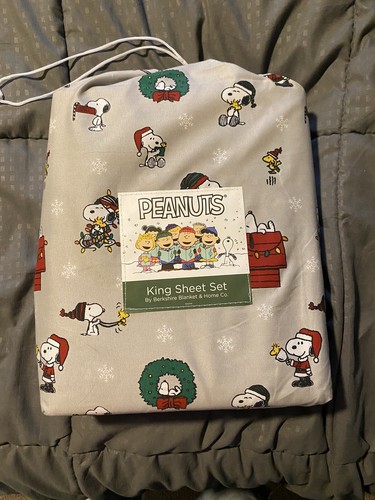 Berkshire Orzeszki ziemne Snoopy Boże Narodzenie King Sheet Zestaw Woodstock Wieniec Szary Czerwony Nowy