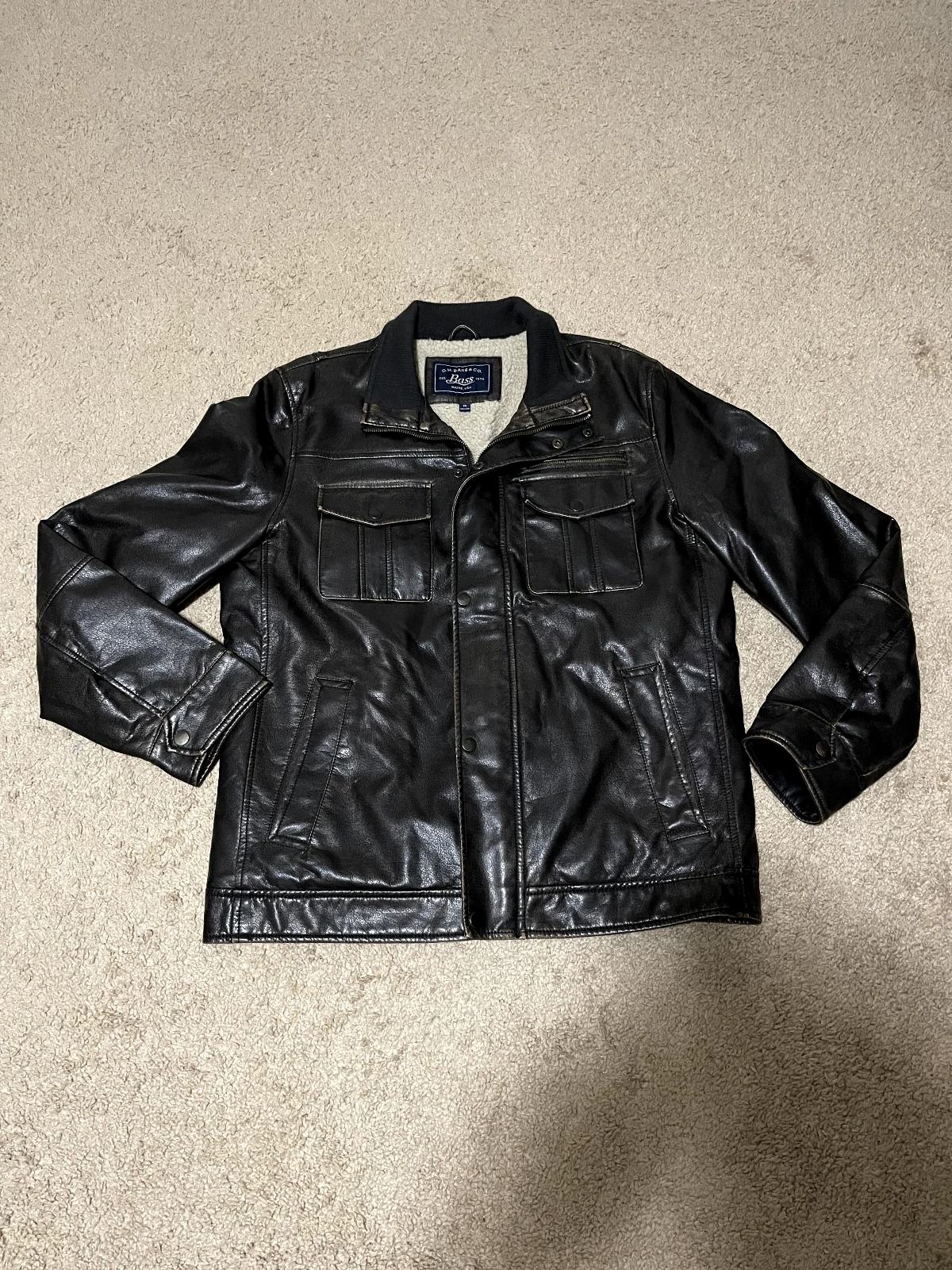 GH Bass Shearling Insulated Full Zip Jacket Medium Brown Flap Pocket LeatherLook
