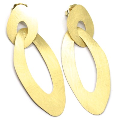 925 STERLING SILVER BIG PENDANT EARRINGS 7cm, FLAT OVAL, YELLOW, SATIN FINISH