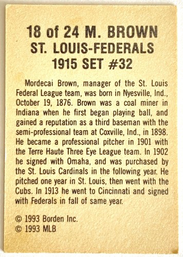 M Brown 1915 Cracker Jack Card #32 Reprint 18/24 St Louis Federals 1993 - Picture 2 of 2