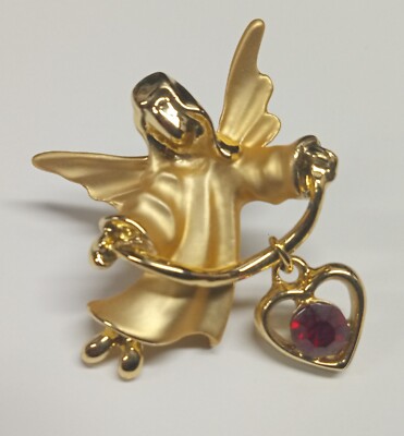 Vintage Giusti Two Tone Gold Angel with Red Heart Pin - NOS