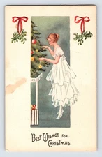 Postcard Christmas Pretty Lady Decorating Tree 1919 Posted Haverhill MA Divided