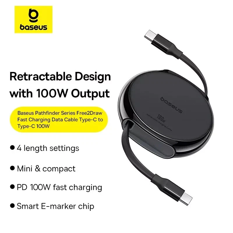 Baseus 100W Mini Retractable Free2Draw Charging Cable USB-C to USB-C 1m - Image 2 of 4