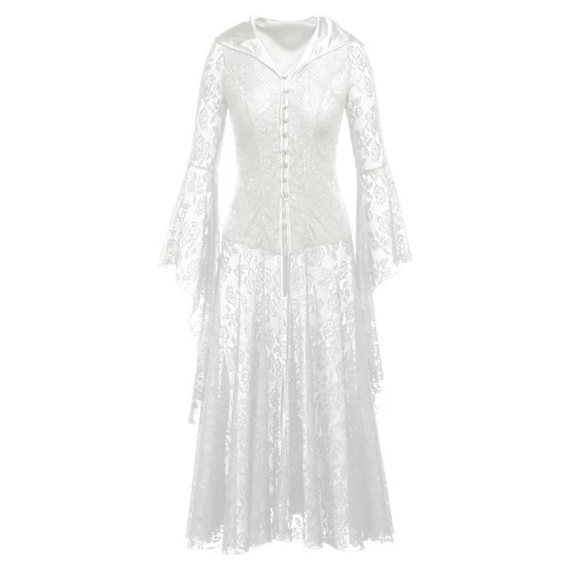 Femme Gothique Dentelle Fine Robe Long Steampunk Capuche Évasé Manche Rétro Punk - Photo 2/4