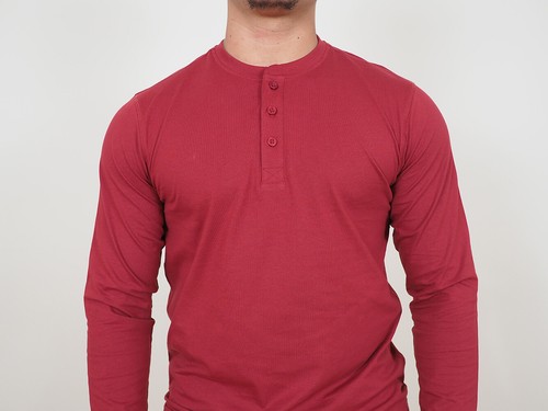 Mens Long Sleeve Cotton T-Shirt Regular Fit Crew Neck or Henley Top Lounge Work - Picture 65 of 72