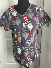 Women  s Dr. Seuss Cat In The Hat Scrub Top Sz S Grey Medical