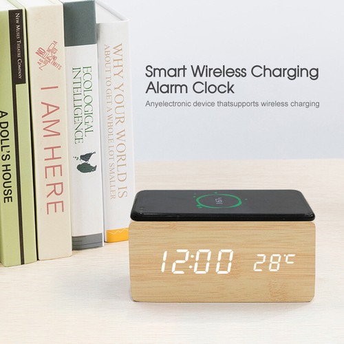 Digital Alarm Clock Wooden Table Desk Bedside LED Clock With Wireless Charger AU - Picture 6 of 14