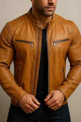Men's Tan Genuine Sheepskin Leather Jacket Biker Quilted Shoulder Racer Jacket