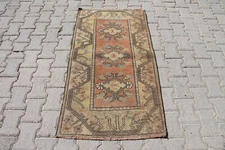 2x4 ft Turkish Oushak Runner – Vintage Brown & Beige Handmade Rug for Hallway