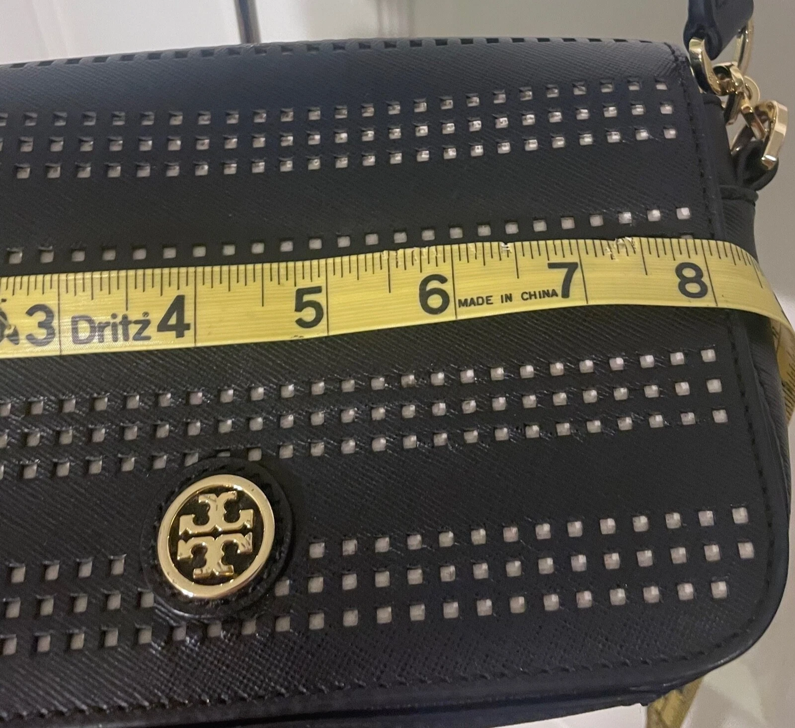 Tory Burch Black Saffiano Leather Perforated Front Flap Shoulder Bag Purse