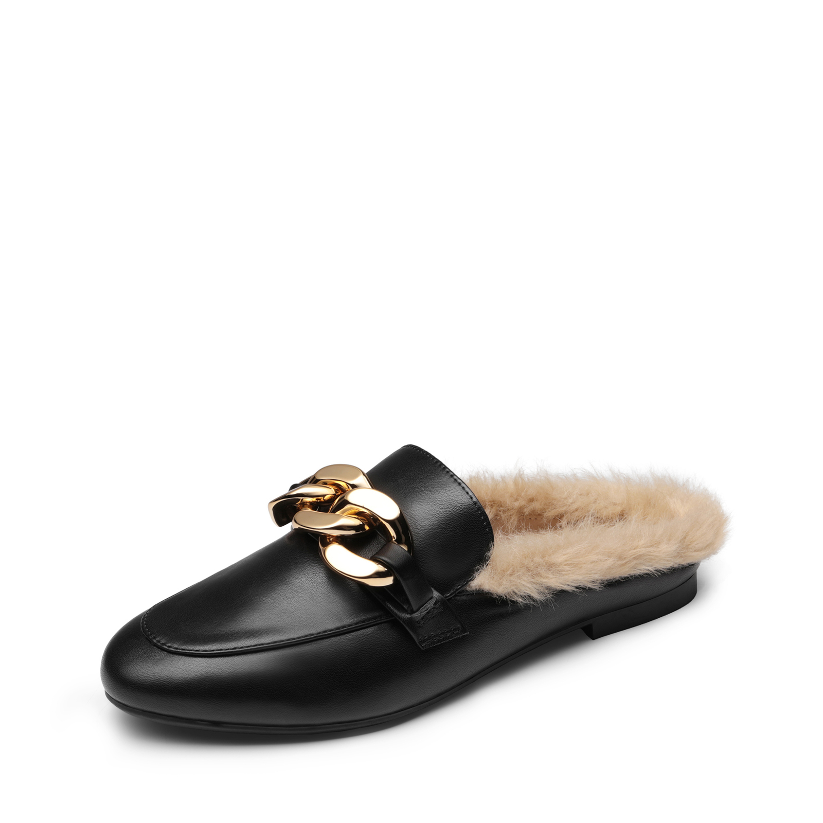 Women’s Furry Lined Loafers with Chain Detail Backless Winter Mule Shoes-image