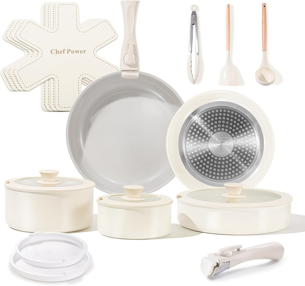 Ceramic Nonstick Pots and Pans Set 19 Piece with Detachable Handle, Induction Di