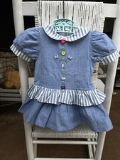 Vtg Baby Girl Blue Dress 9-12  Months Ruffle Embroidery Butterfly Heart Buttons