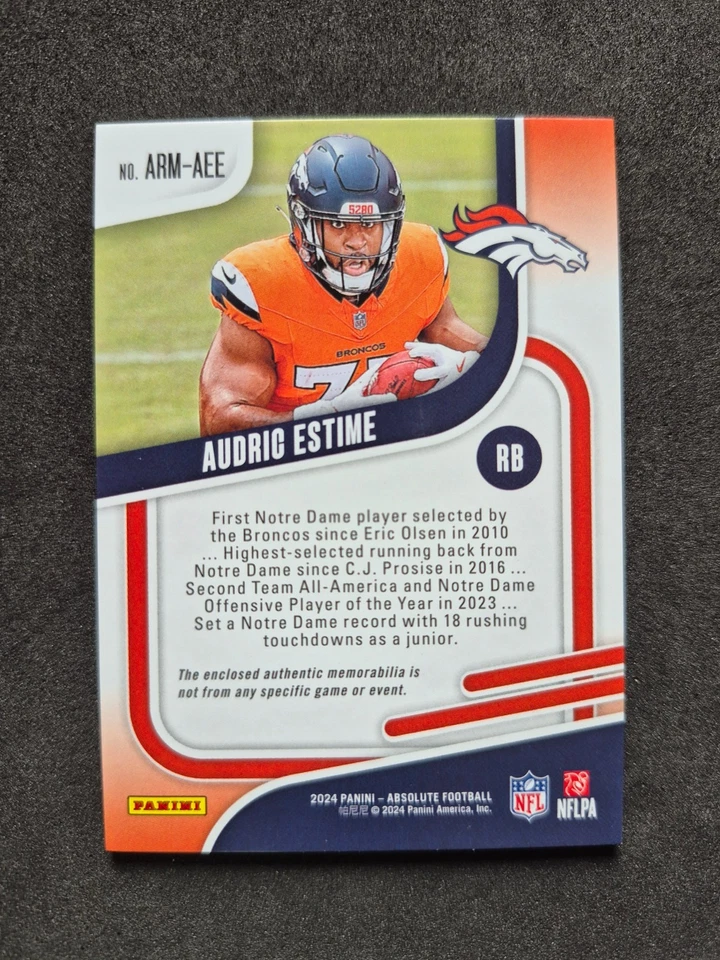 2024 Panini Absolute Football, Audric Estime, Rookie Materials Relic, Broncos - Bild 2 von 2