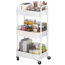 3 Tier Plastic Rolling Utility Cart Handle Storage Trolley Wheels White Rack