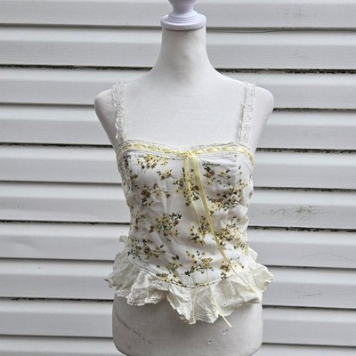 Women's Boutique White and Yellow Floral Ruffled Lace Trim Bustier Camisole Top