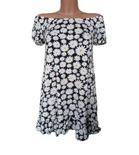 Boohoo Daisy Sunflower Floral Puff Mini Dress. Black White Yellow Size 8 CL1