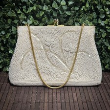 Vintage 50s-60s Glass Seed Beaded Shoulder Bag with Gold Accents