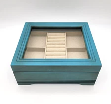 Broyhill Jewelry Box Teal Blue Painted Glazed Wood Fabric Lined w Tray From 2013