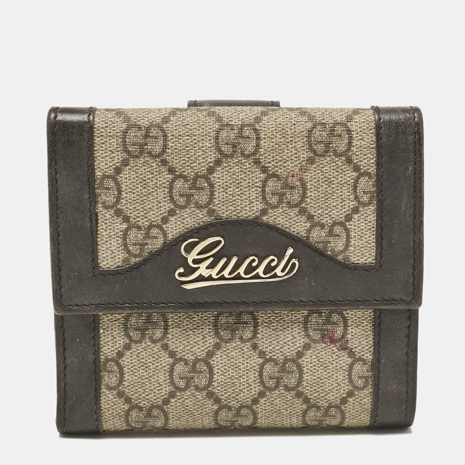 Portefeuille français Gucci marron/beige GG suprême toile et cuir logo rabat