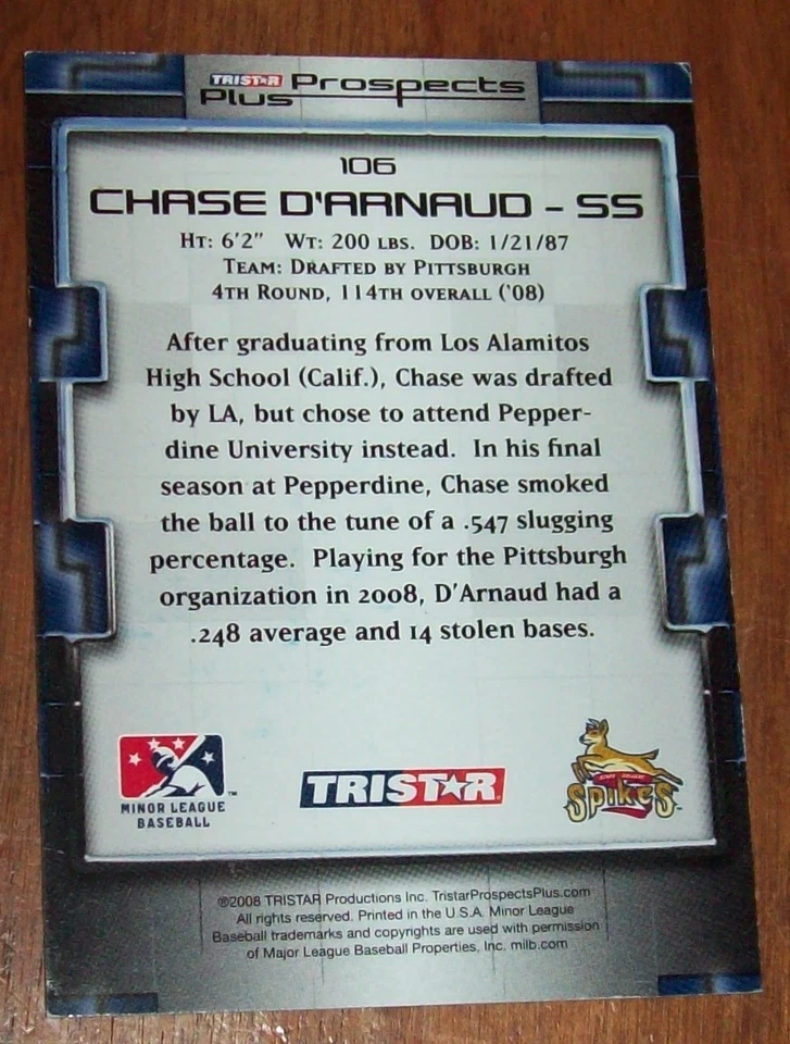 2008 Tristar Pittsburgh Pirates Chase D'Aranaud Hand Signed Autographed Card - Image 2 of 2