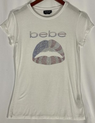 bebe Women's White Tee Shirt Lips Rhinestone Red Blue Silver Y2K USA Size Small