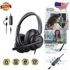Wired Computer Headphones H8 USB Stereo Mic Noise Cancelling 3.5mm Jack