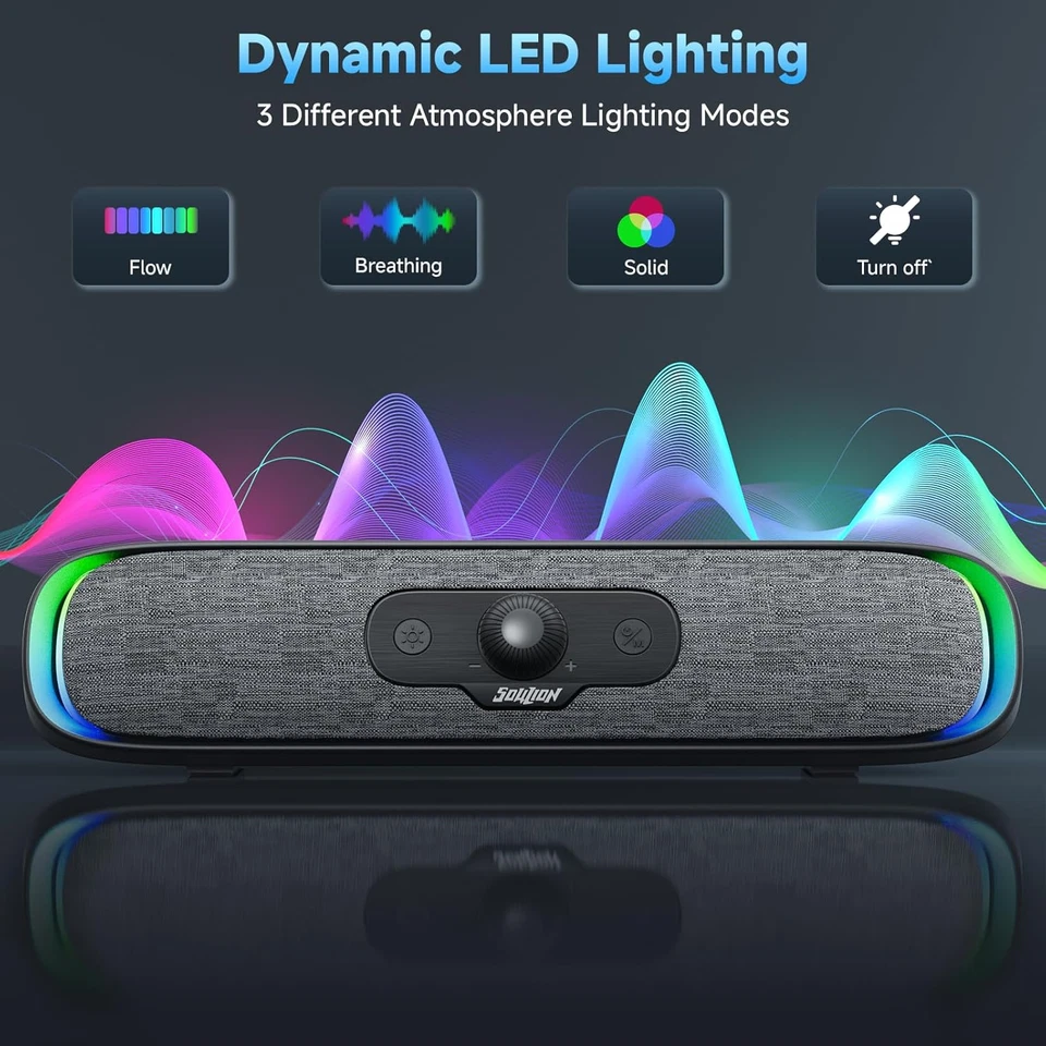 Soundbar PC USB C Bluetooth Compatta con 3 Effetti Luce LED per Laptop Computer - Immagine 3 di 4