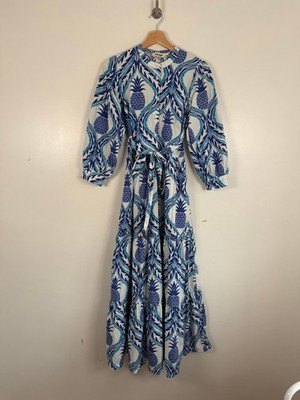 Boden Dress Size UK 10 Blue Maxi Shirt Belted Tiered Pineapple Print Holiday