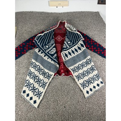 Double Zero Red White Blue Geometric Fair Isle Waterfall Open Front Cardigan M