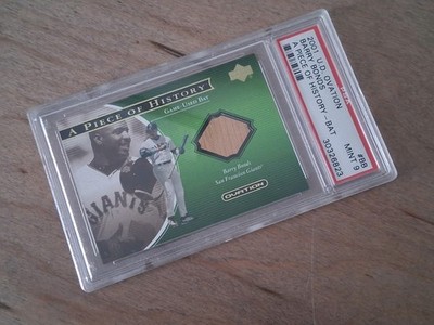 Barry Bonds 2001 Upper Deck Ovation Baseball Card #BB Piece of History-Bat PSA9