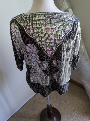 Vintage 1980’s Stenay Beaded Sequin Silk Top Women’s Size Large Made In India - Picture 3 of 7