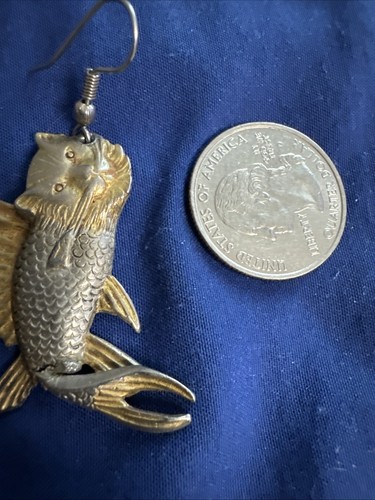 CINTIKA CAT HEAD FISH CATFISH EARRINGS SHEPHARD'S HOOK KITTY RARE GOLD SILVER - Picture 9 of 9