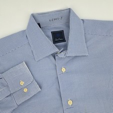 David Donahue Dress Shirt Mens 16.5 34/35 Cotton Blue White Micro Houndstooth LS
