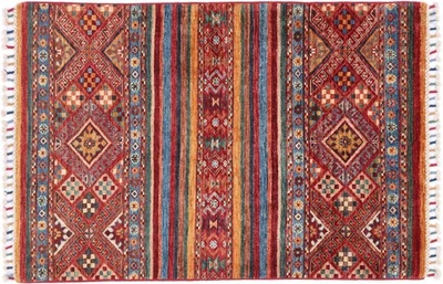 Afghan Ziegler Khorjin Teppich 80x120 Handgeknüpft Rot Streifen Orient v - Bild 1 von 4