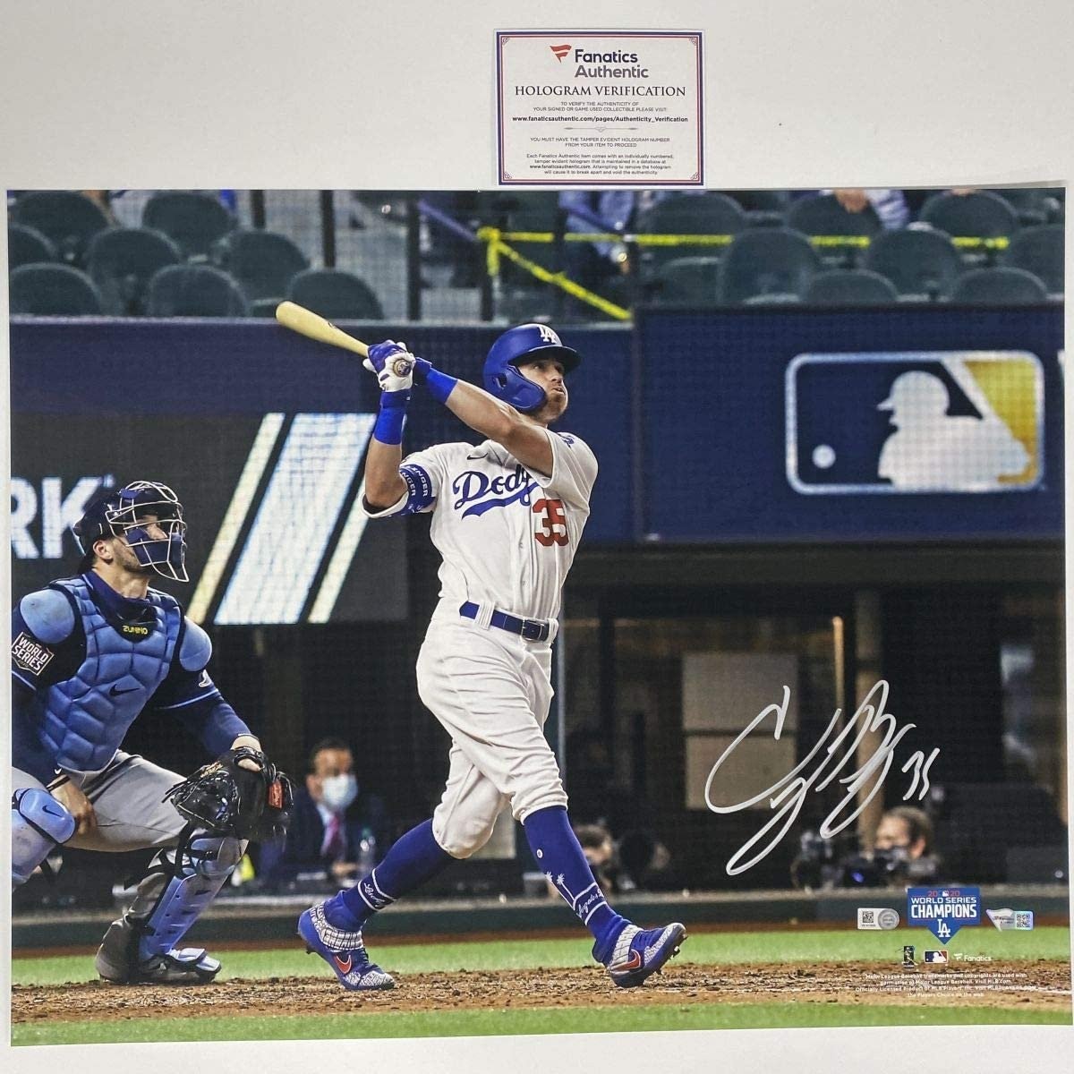 Autographed/Signed CODY BELLINGER 2020 WS 16x20 Photo Fanatics COA