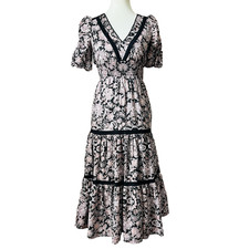 BB Dakota Floral Midi Dress Boho Festival Tiered Smocked Waist Puff Sleeve XS