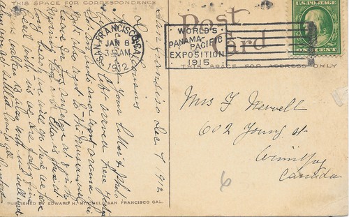 1912 Postcard - San Francisco, Calif. Slogan "Panama-Pacific Exposition 1915"