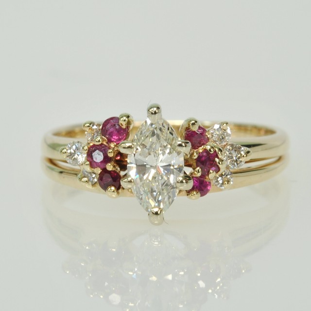 14k Yellow Gold 1/2Ct Marquise Diamond Solitaire Soldered Ruby Enhancer