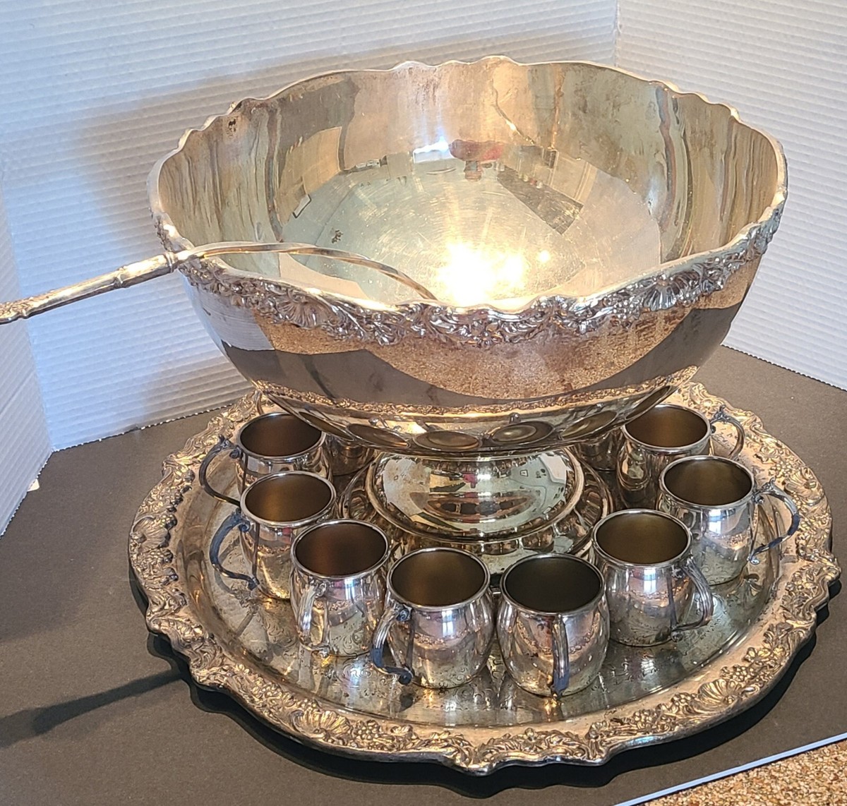Vintage F.B. Rogers Silver C- Punch Bowl Set- Bowl-12 cups